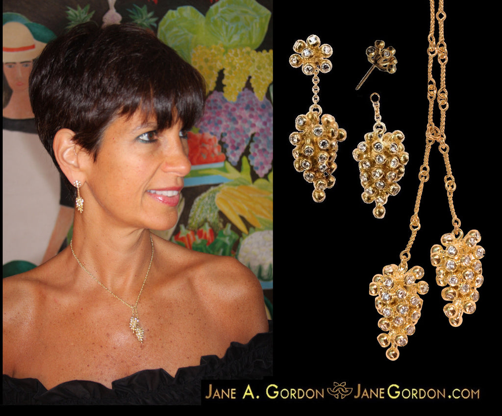 Grapes Drop Earrings: 14K Gold with Diamonds-18