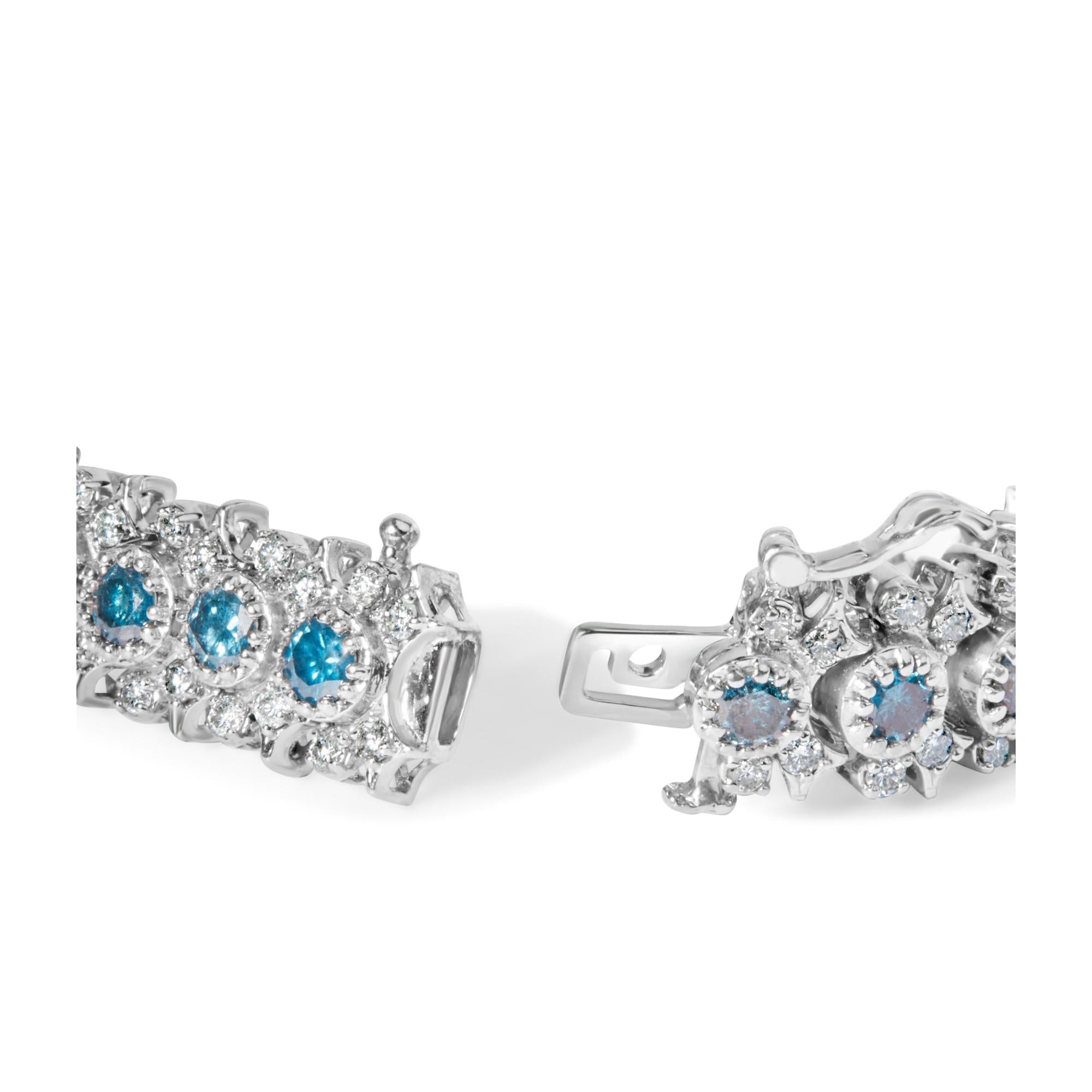 14K White Gold 10.0 Cttw Blue and White Diamond Vintage-Inspired Floral Cluster Link 7" Bracelet (H-I Color, SI2-I1-1