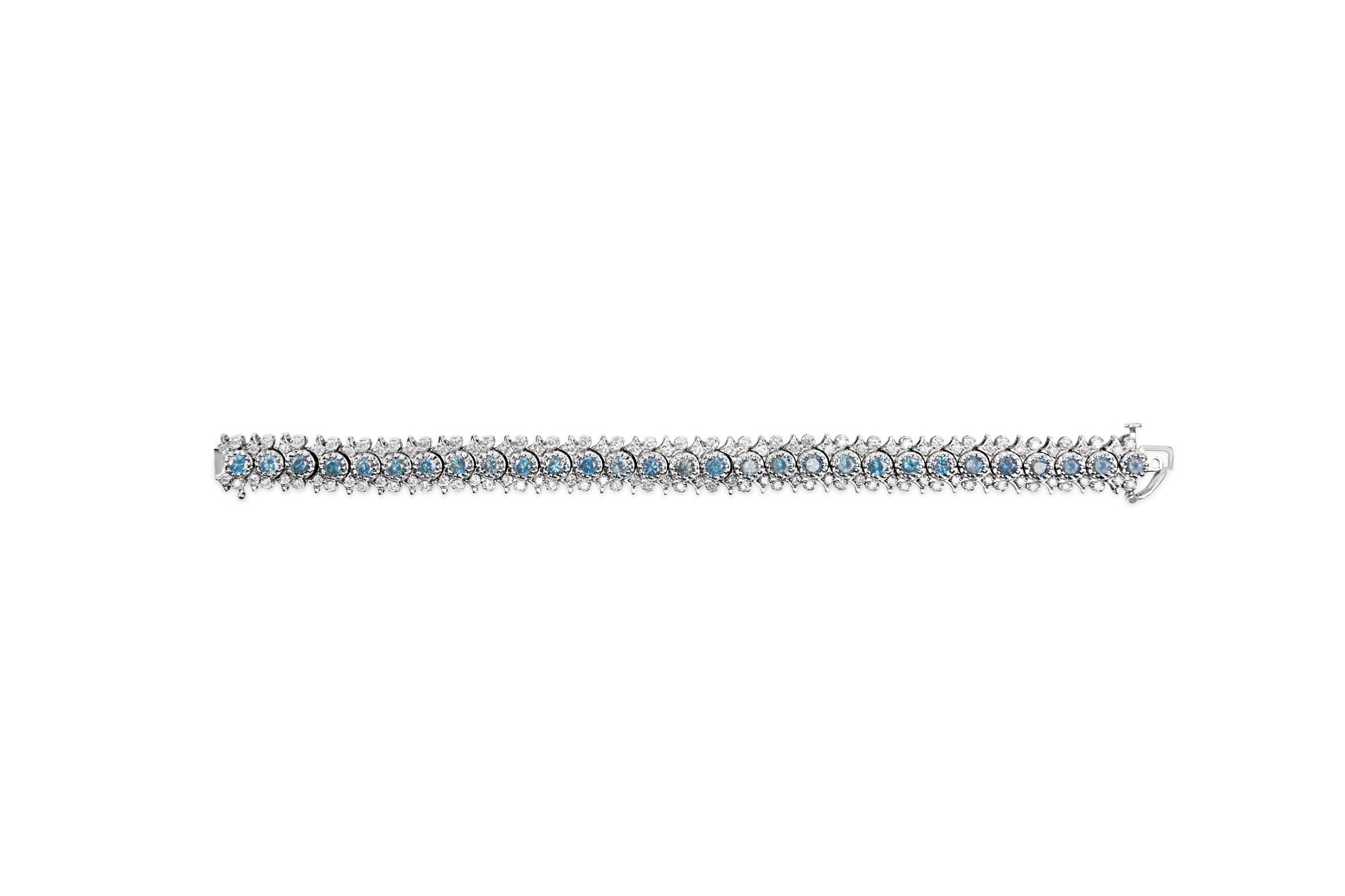 14K White Gold 10.0 Cttw Blue and White Diamond Vintage-Inspired Floral Cluster Link 7" Bracelet (H-I Color, SI2-I1-4