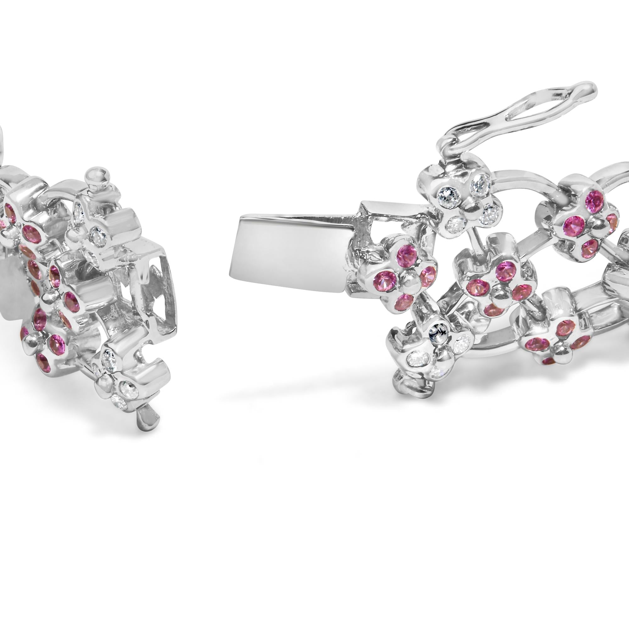 14K White Gold Pink Sapphire and Diamond Floral Lattice Link Bracelet - 7.25" Inches-1