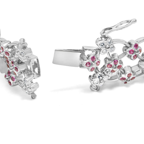 14K White Gold Pink Sapphire and Diamond Floral Lattice Link Bracelet - 7.25" Inches-1