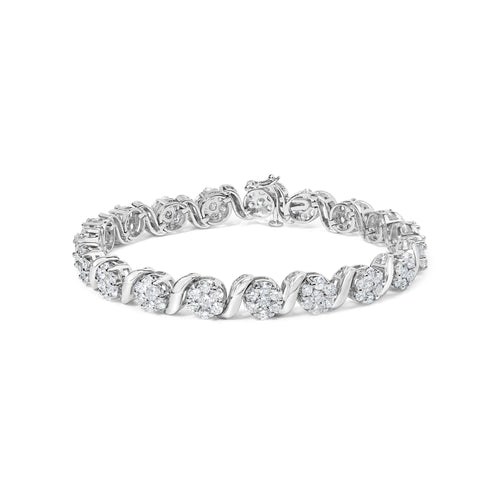 14K White Gold 7 3/8 Cttw Round Brilliant Diamond Floral Cluster and S Link Bracelet (H-I Color, SI2-I1 Clarity) - 7" Inches-0