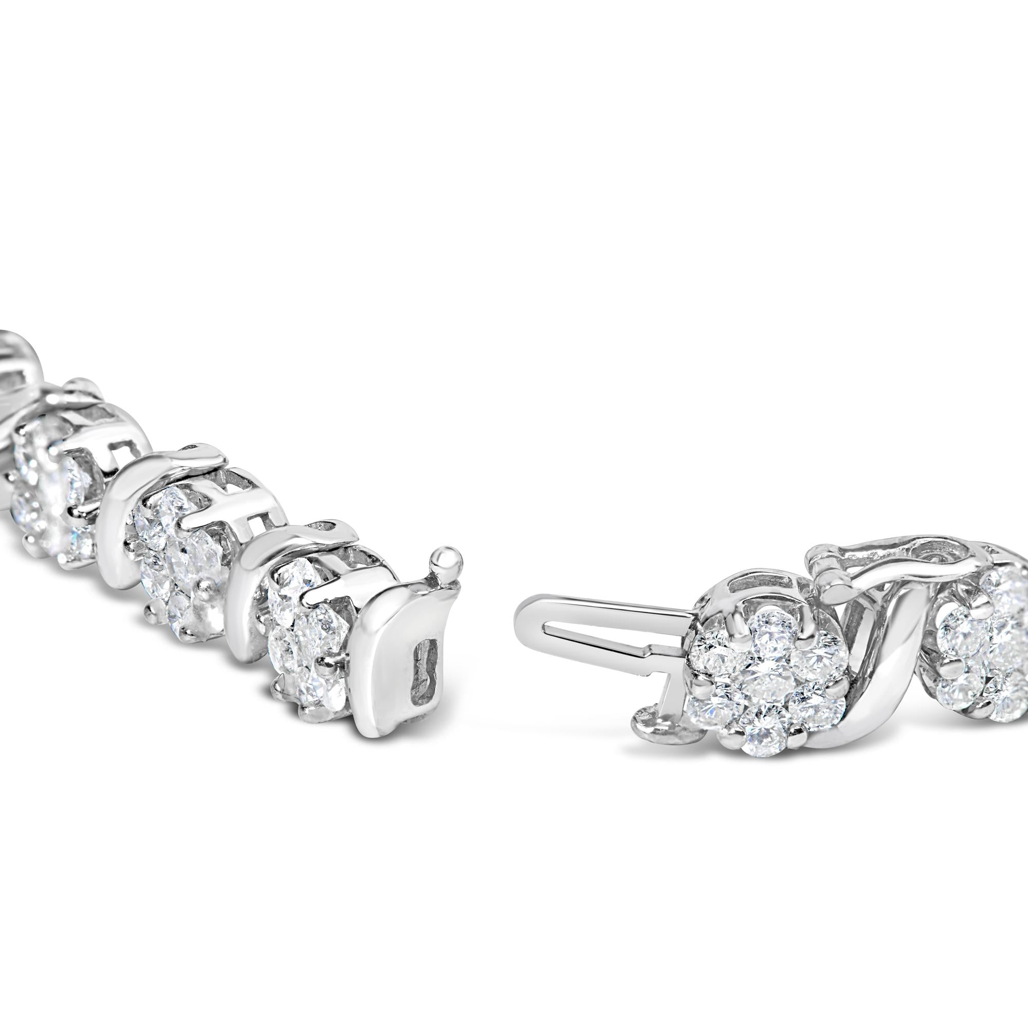 14K White Gold 7 3/8 Cttw Round Brilliant Diamond Floral Cluster and S Link Bracelet (H-I Color, SI2-I1 Clarity) - 7" Inches-1
