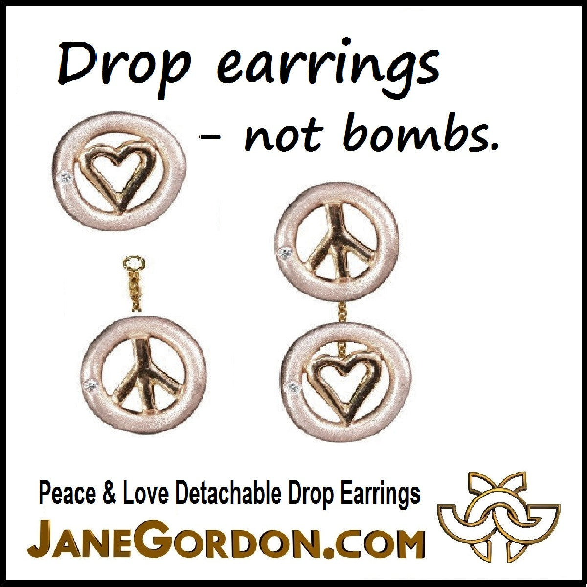 Peace & Love Earrings, Sterling Silver, Solid 18K Gold, with Tiny Diamonds-7