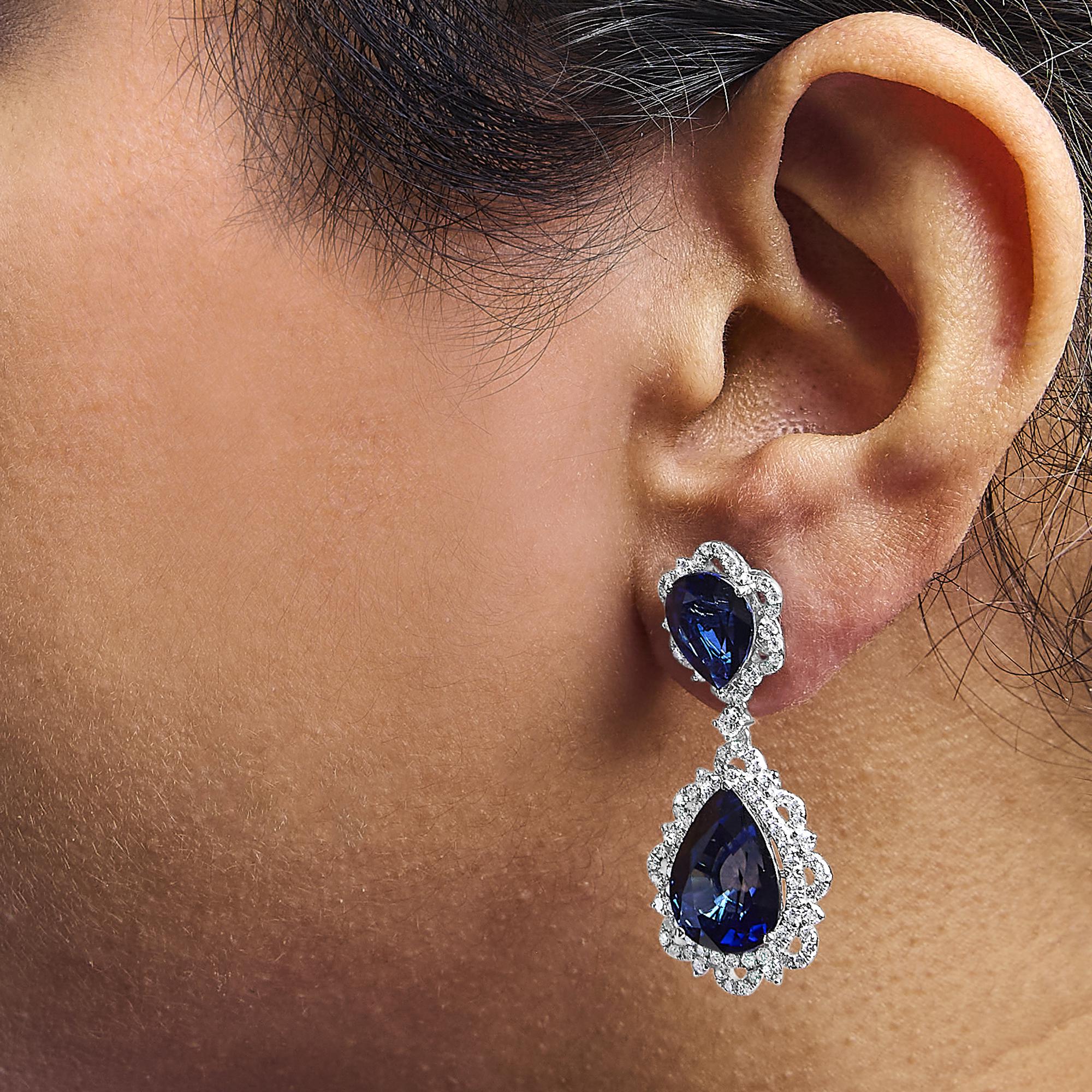 18K White Gold Blue Sapphire and Diamond 2.00 Cttw Diamond Halo Drop and Dangle Earring (G-H Color, SI1-SI2 Clarity)-2