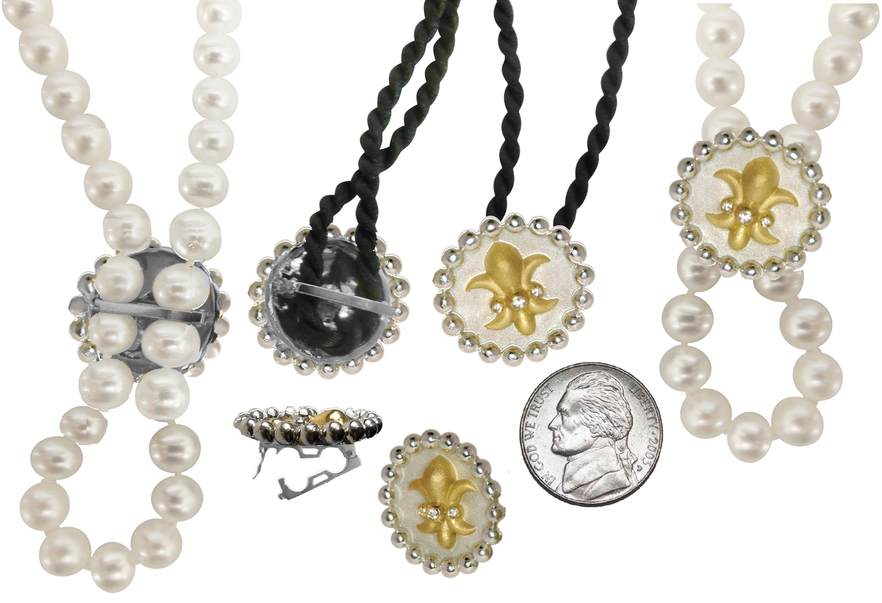 Fleur De Lis Pendant Necklace or Pearl Enhancer-Silver-18K Gold-Half Filled with Diamonds.-3