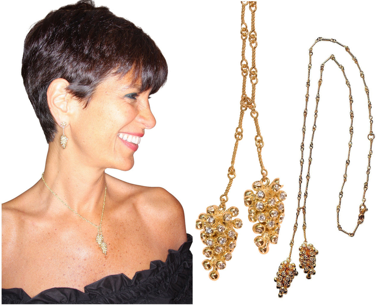 Grapes Necklace, 14K Gold with Diamonds: Lariat Style on Handmade Chain-0