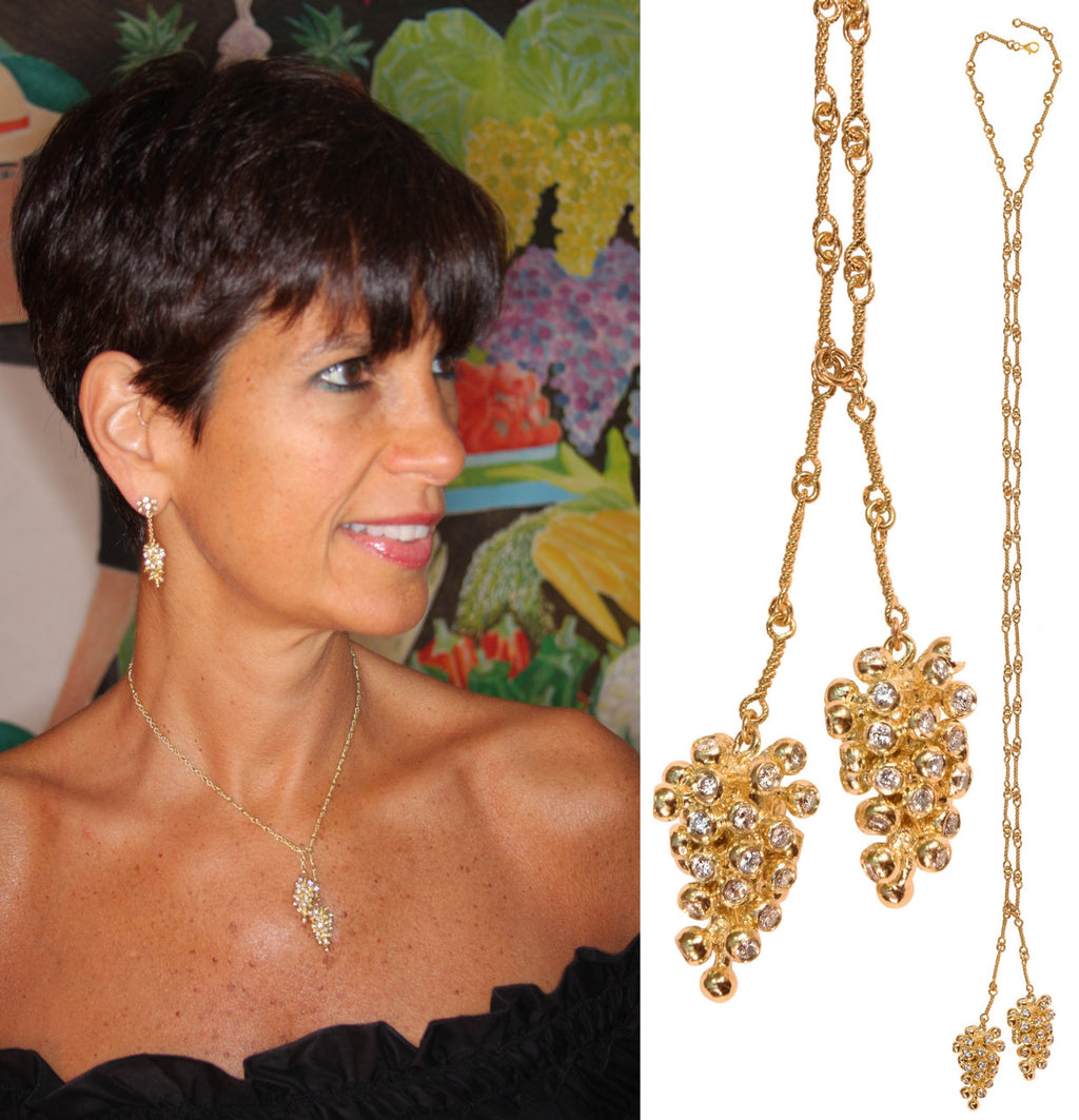 Grapes Necklace, 14K Gold with Diamonds: Lariat Style on Handmade Chain-3
