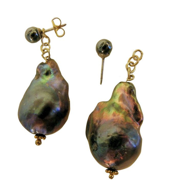 Jumbo Baroque Chinese Freshwater Black Greyish Pearl Earrings-One of a kind-005-3