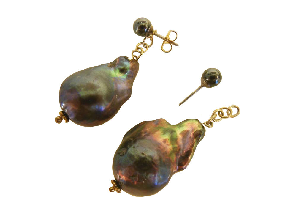 Jumbo Baroque Chinese Freshwater Black Greyish Pearl Earrings-One of a kind-005-1