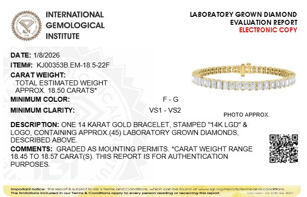 IGI Certified 14K Yellow Gold 18 1/2 Cttw Emerald Cut Lab Grown Diamond Tennis Bracelet-4
