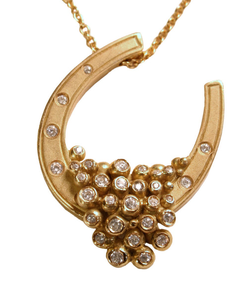 "Lucky You" Equestrian Horseshoe Necklace, 18K Gold, Overflowing with Diamonds.-0