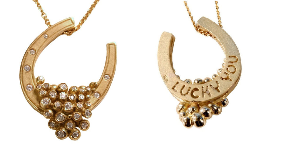 "Lucky You" Equestrian Horseshoe Necklace, 18K Gold, Overflowing with Diamonds.-7