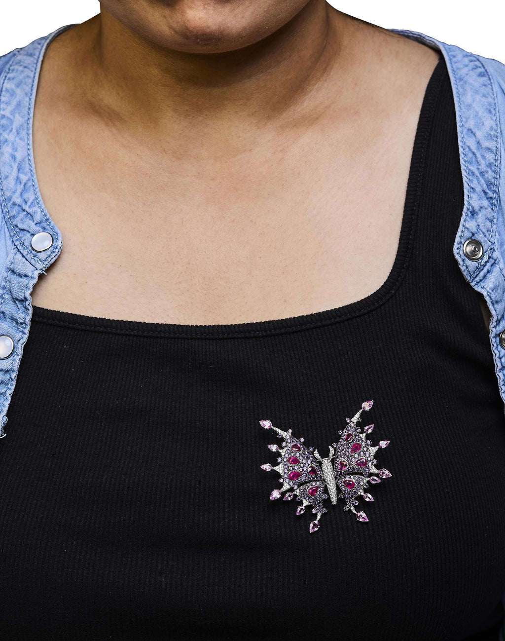 18K White Gold 1.00 Cttw Diamond, Ruby  Sapphire, and Amethyst Mixed Gemstone Butterfly Brooch Pin (G-H Color, VS1-VS2 Clarity)-2
