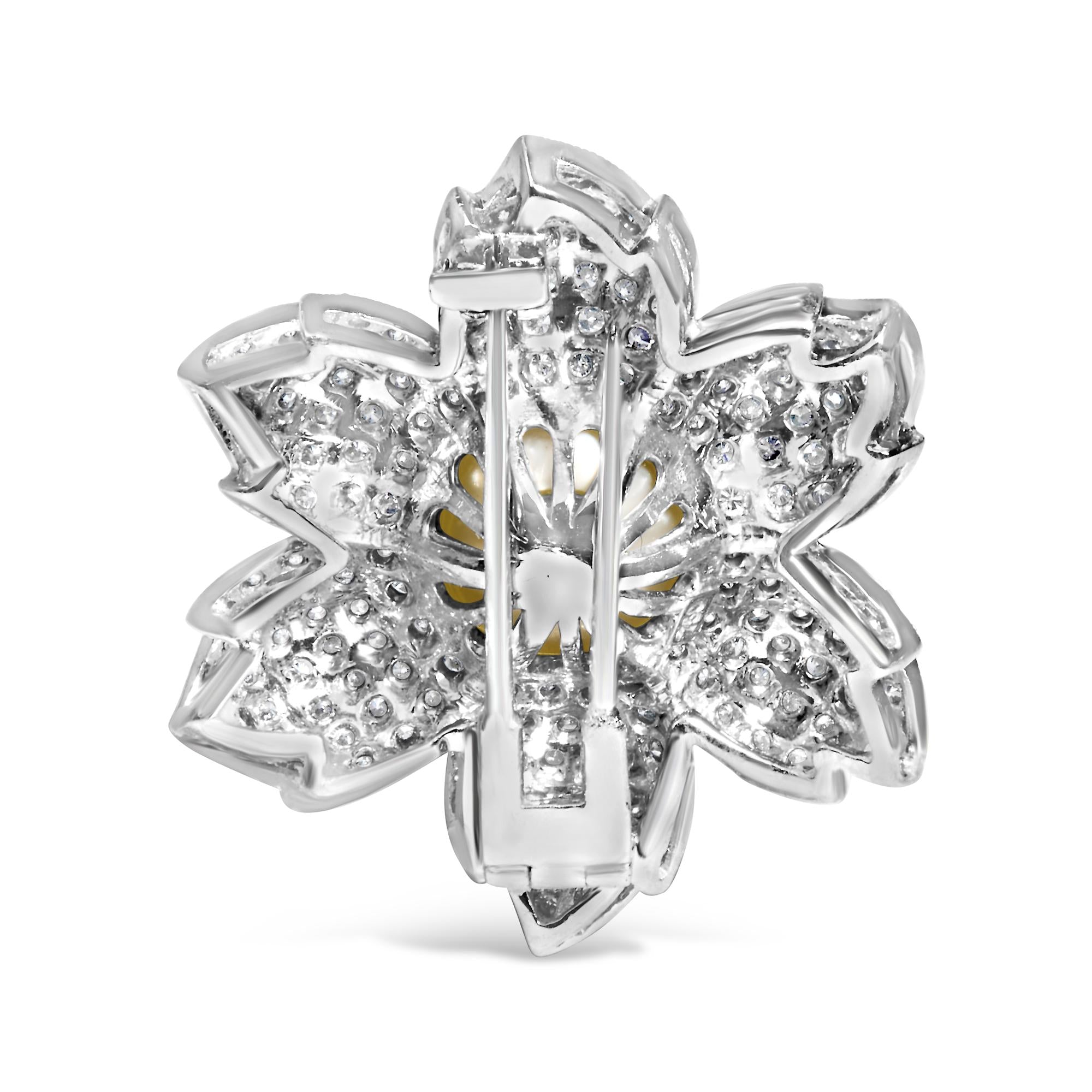 18K White Gold 2 3/4 Cttw Diamond and 12.5 MM Cultured Freshwater Pearl Floral Brooch Pin (G-H Color, VS1-VS2 Clarity)-4