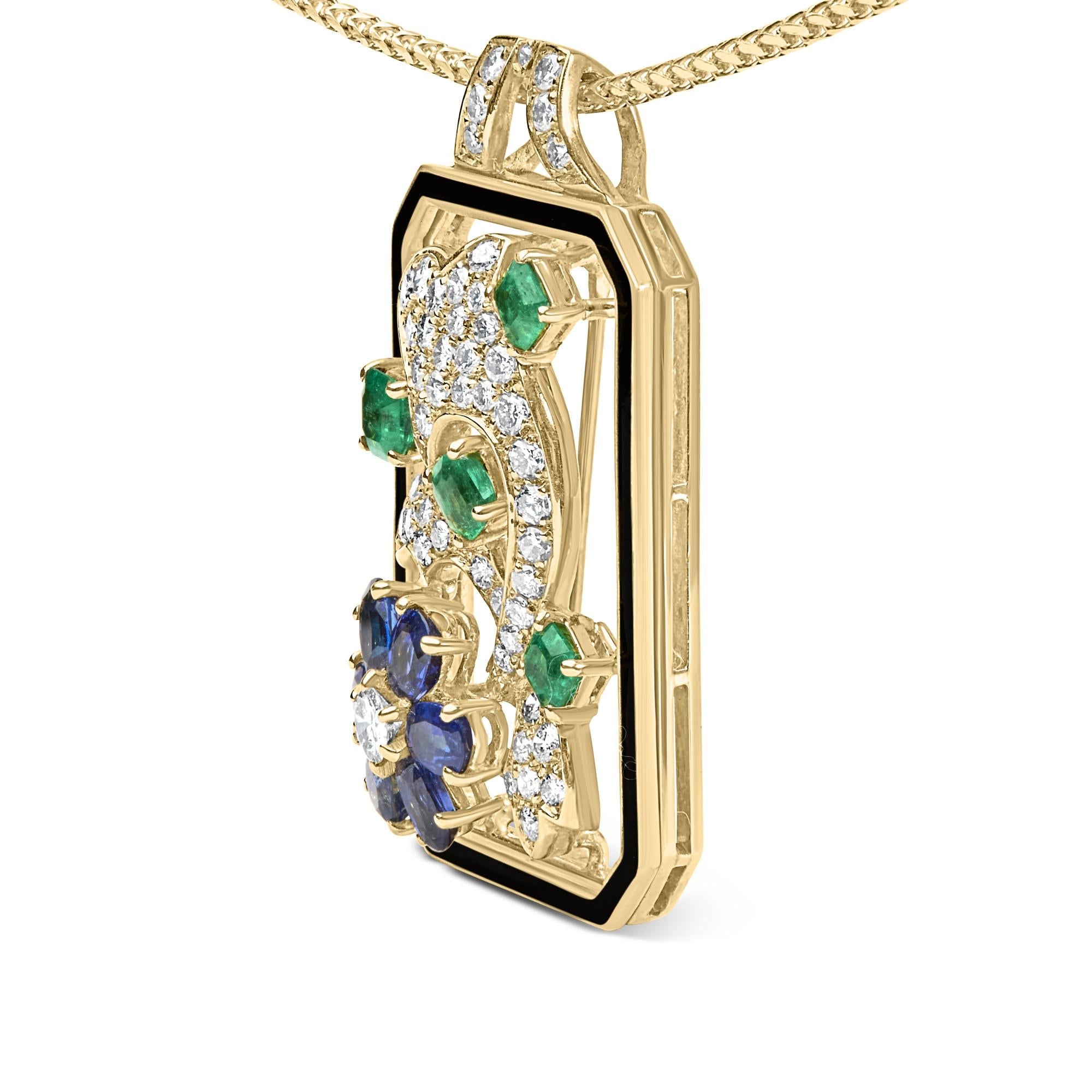 18K Yellow Gold 2 1/3 Cttw Diamond, Sapphire, and Emerald Dog Tag with Dolphin Silhouette Convertible 18" Pendant Necklace and Brooch (G-H Color, SI1-SI2 Clarity)-3