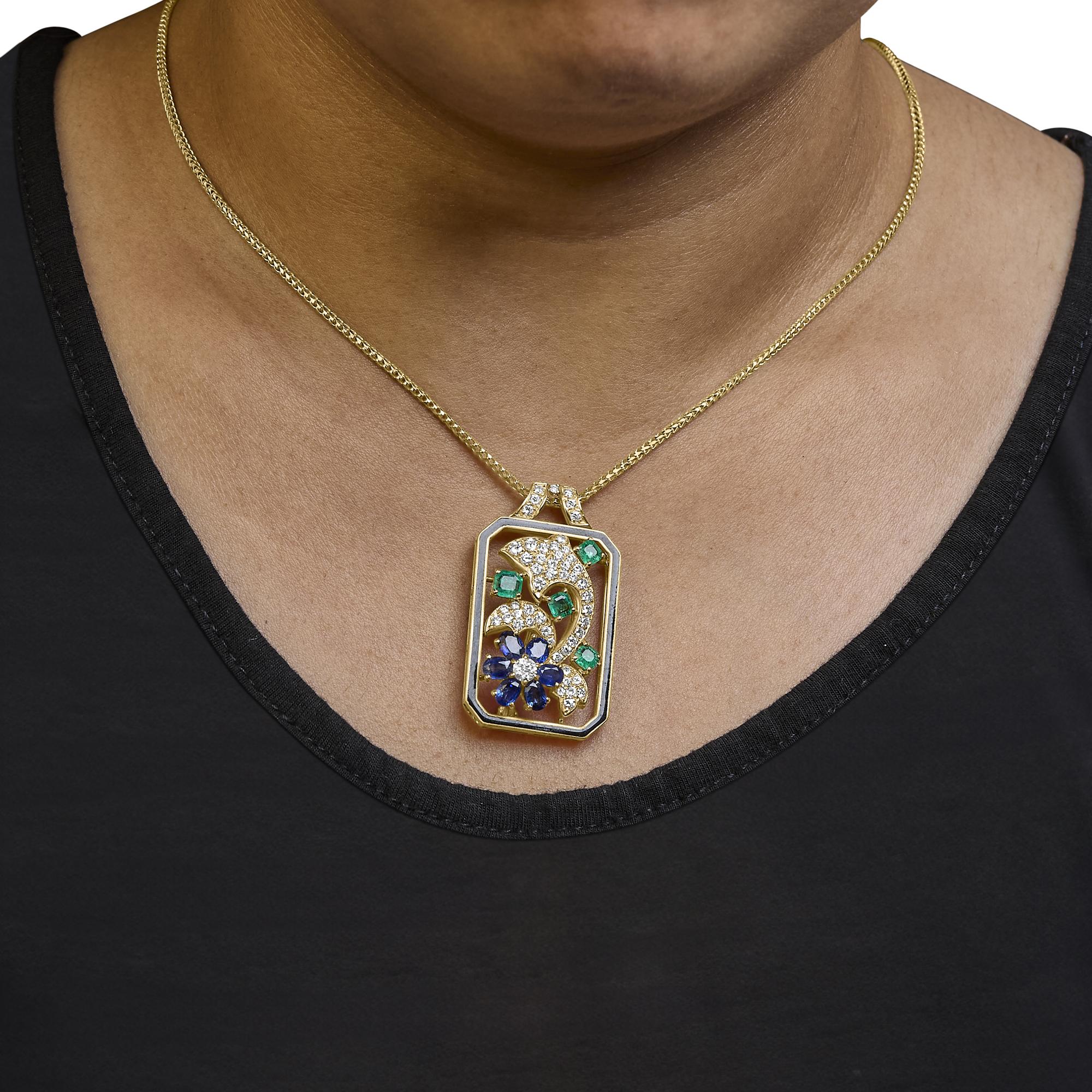 18K Yellow Gold 2 1/3 Cttw Diamond, Sapphire, and Emerald Dog Tag with Dolphin Silhouette Convertible 18" Pendant Necklace and Brooch (G-H Color, SI1-SI2 Clarity)-2