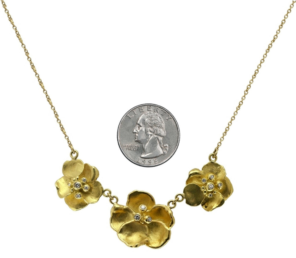 Metal Petals- Three Pansy Necklace-18K Gold with Diamond Center-0