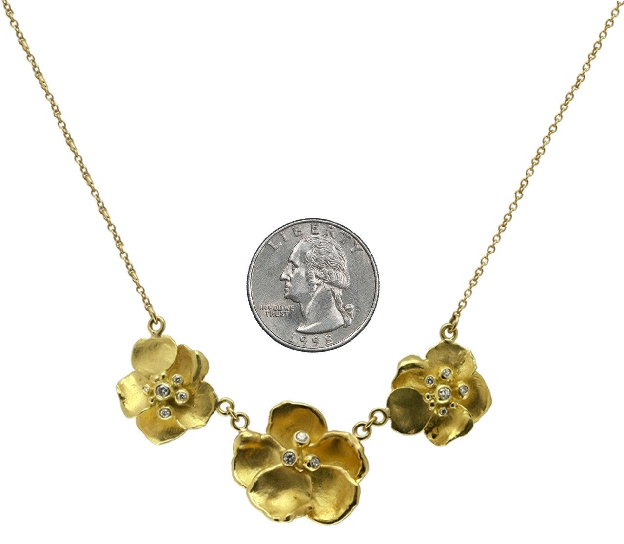 Metal Petals- Three Pansy Necklace-18K Gold with Diamond Center-0
