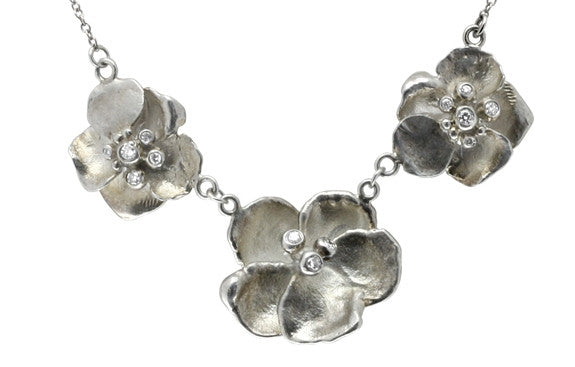 Metal Petals- Three Pansy Necklace-18K Gold with Diamond Center-6