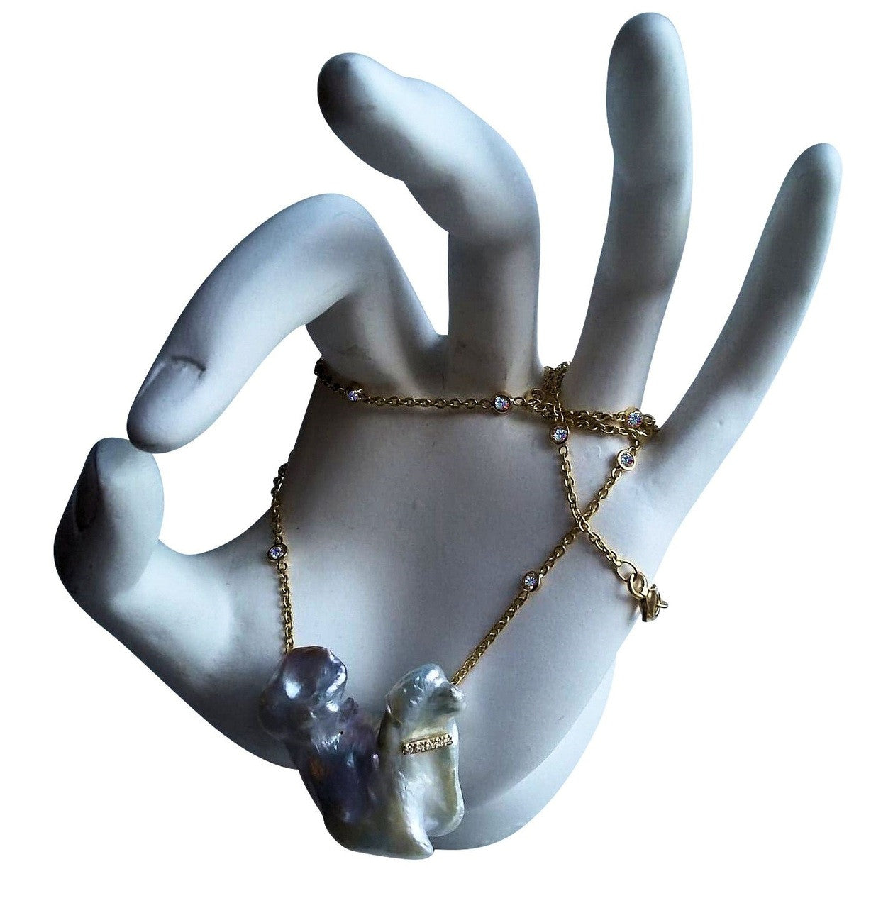 Jumbo Poodle Shaped Pearl Necklace-Once in a Lifetime-Diamonds & 18K Gold Collar and Chain.-11