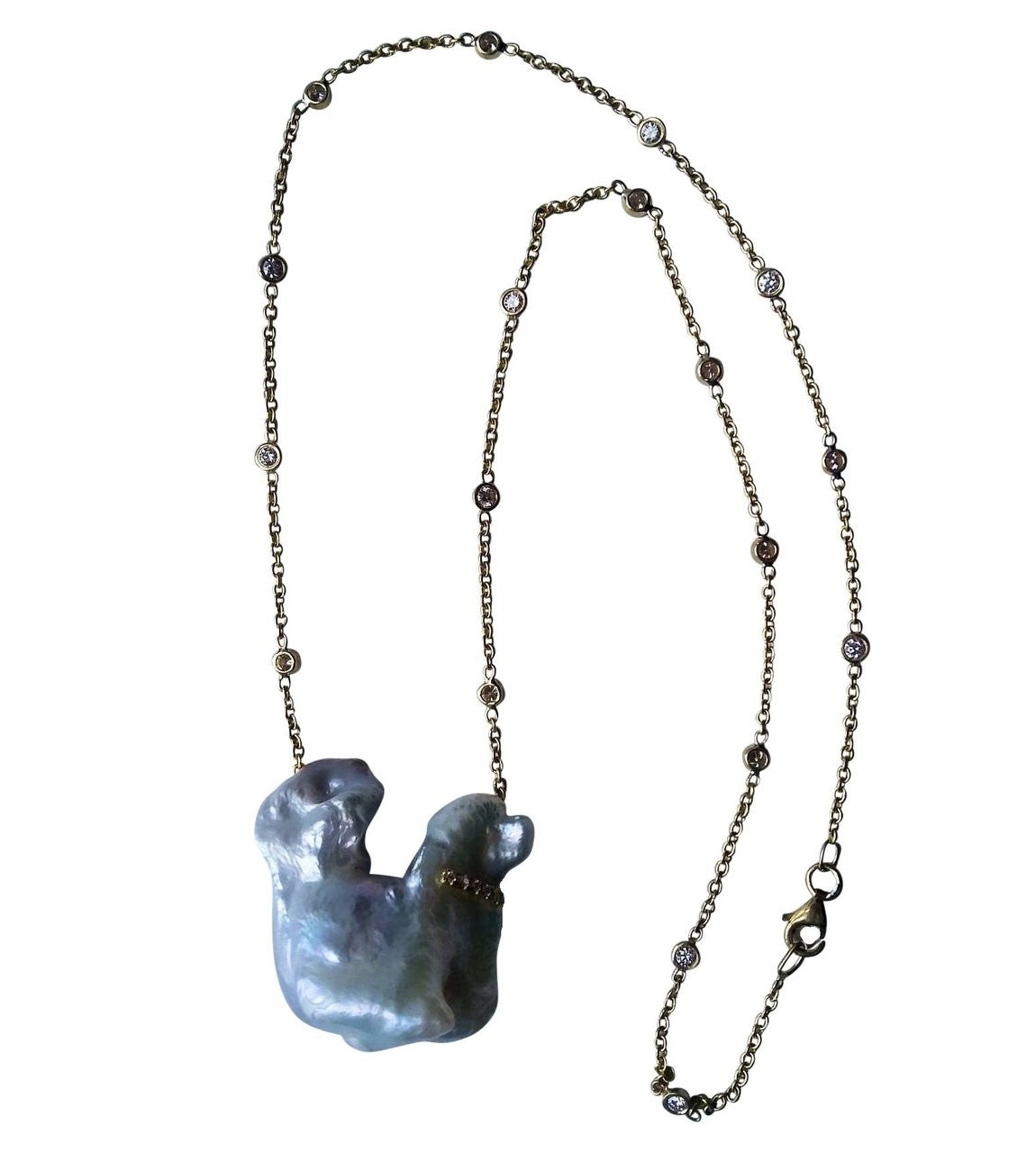 Jumbo Poodle Shaped Pearl Necklace-Once in a Lifetime-Diamonds & 18K Gold Collar and Chain.-9