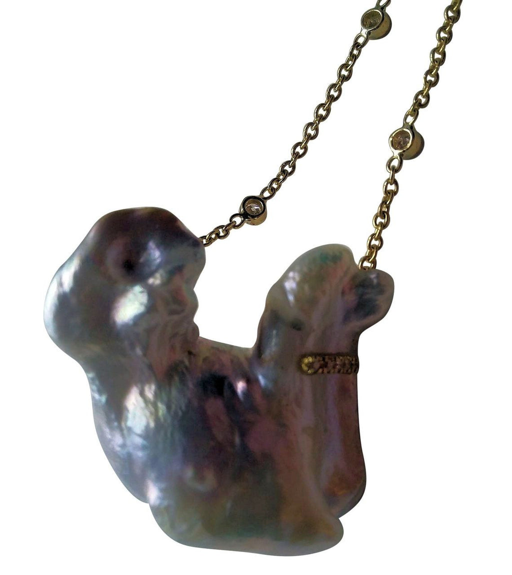 Jumbo Poodle Shaped Pearl Necklace-Once in a Lifetime-Diamonds & 18K Gold Collar and Chain.-8