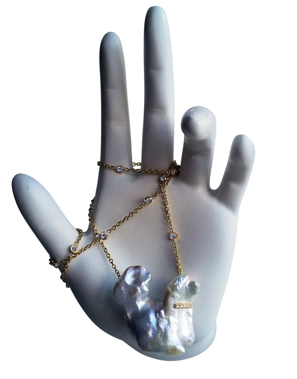 Jumbo Poodle Shaped Pearl Necklace-Once in a Lifetime-Diamonds & 18K Gold Collar and Chain.-12