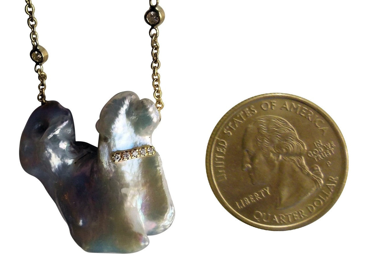 Jumbo Poodle Shaped Pearl Necklace-Once in a Lifetime-Diamonds & 18K Gold Collar and Chain.-1