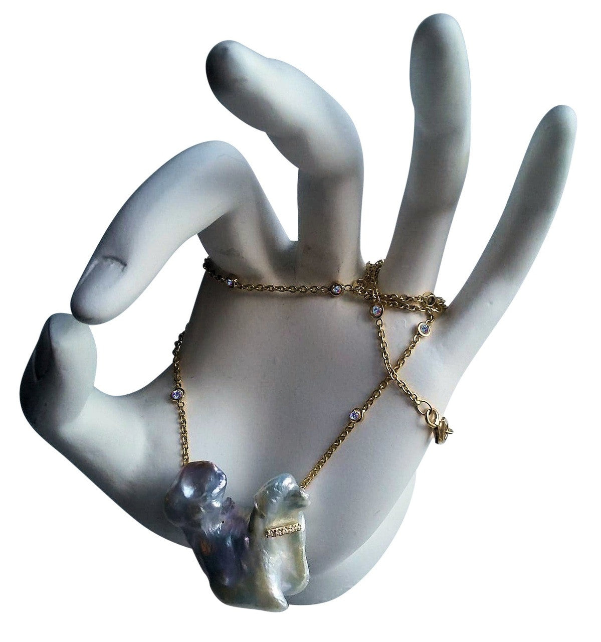 Jumbo Poodle Shaped Pearl Necklace-Once in a Lifetime-Diamonds & 18K Gold Collar and Chain.-16