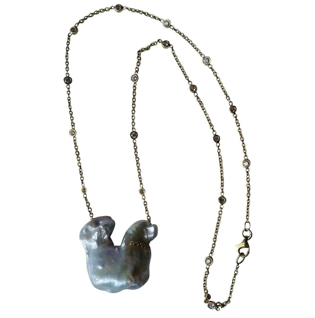 Jumbo Poodle Shaped Pearl Necklace-Once in a Lifetime-Diamonds & 18K Gold Collar and Chain.-14