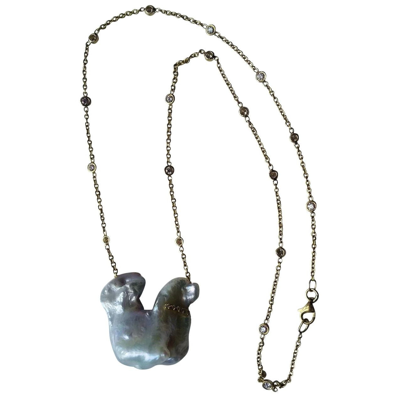Jumbo Poodle Shaped Pearl Necklace-Once in a Lifetime-Diamonds & 18K Gold Collar and Chain.-14