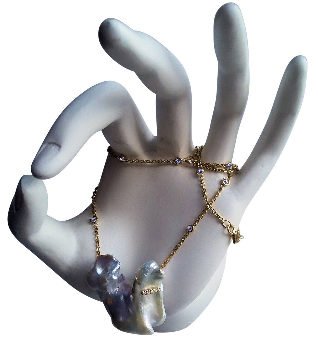 Jumbo Poodle Shaped Pearl Necklace-Once in a Lifetime-Diamonds & 18K Gold Collar and Chain.-28