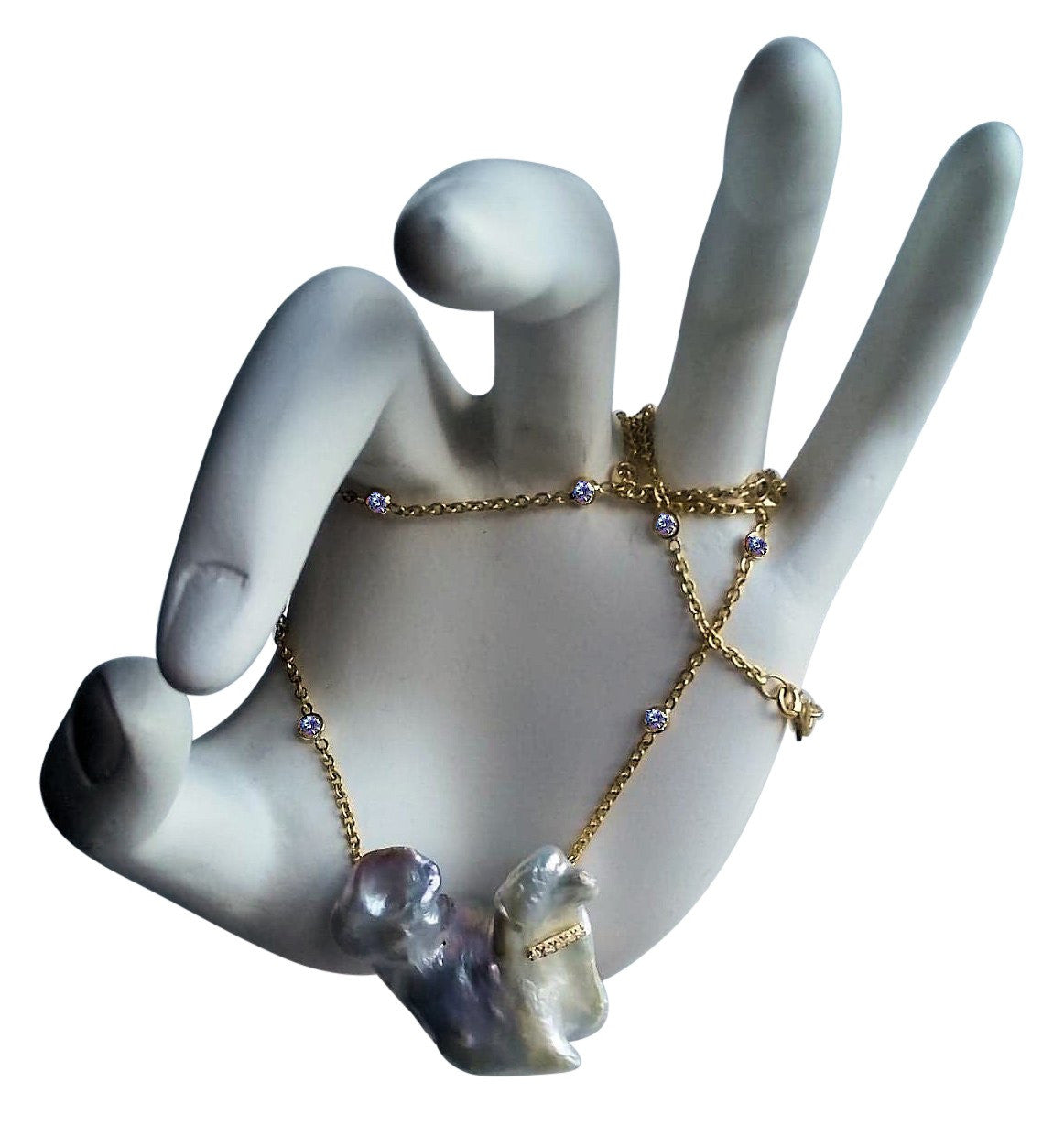Jumbo Poodle Shaped Pearl Necklace-Once in a Lifetime-Diamonds & 18K Gold Collar and Chain.-6