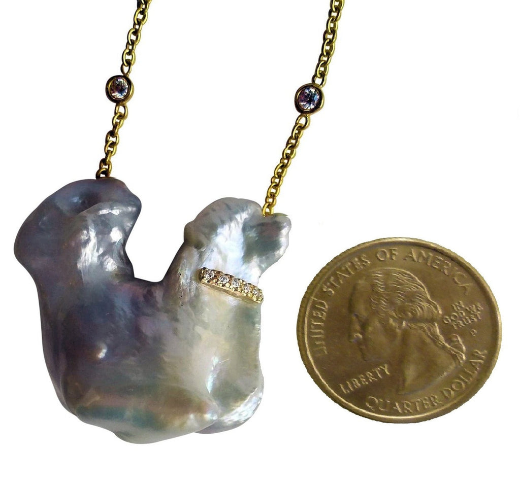 Jumbo Poodle Shaped Pearl Necklace-Once in a Lifetime-Diamonds & 18K Gold Collar and Chain.-18
