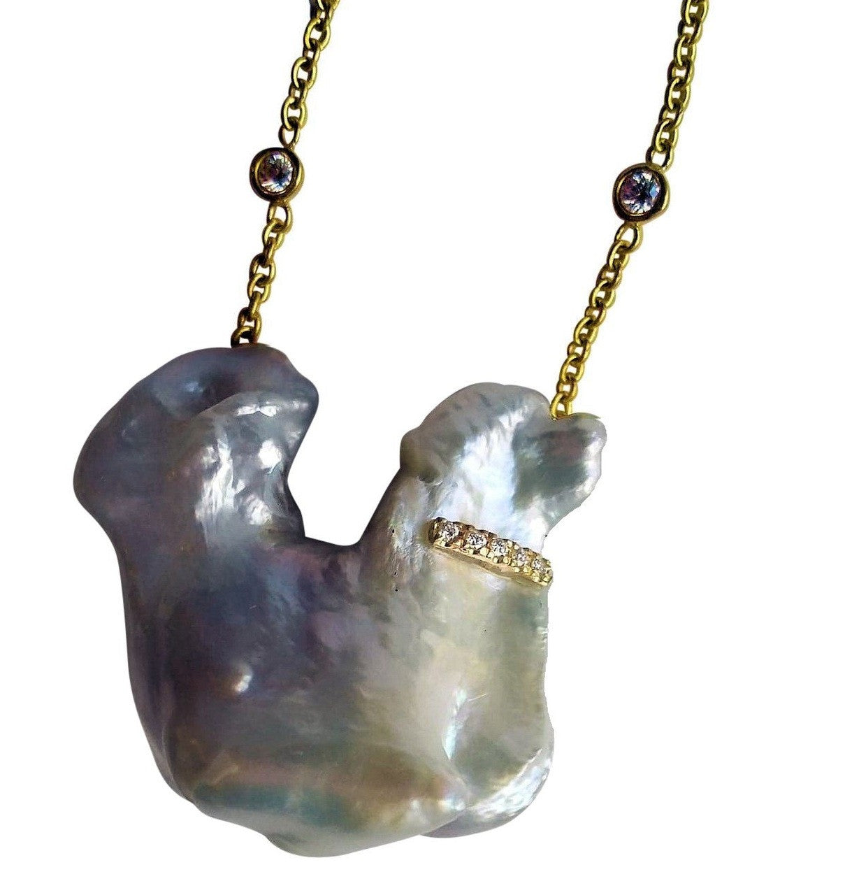 Jumbo Poodle Shaped Pearl Necklace-Once in a Lifetime-Diamonds & 18K Gold Collar and Chain.-15