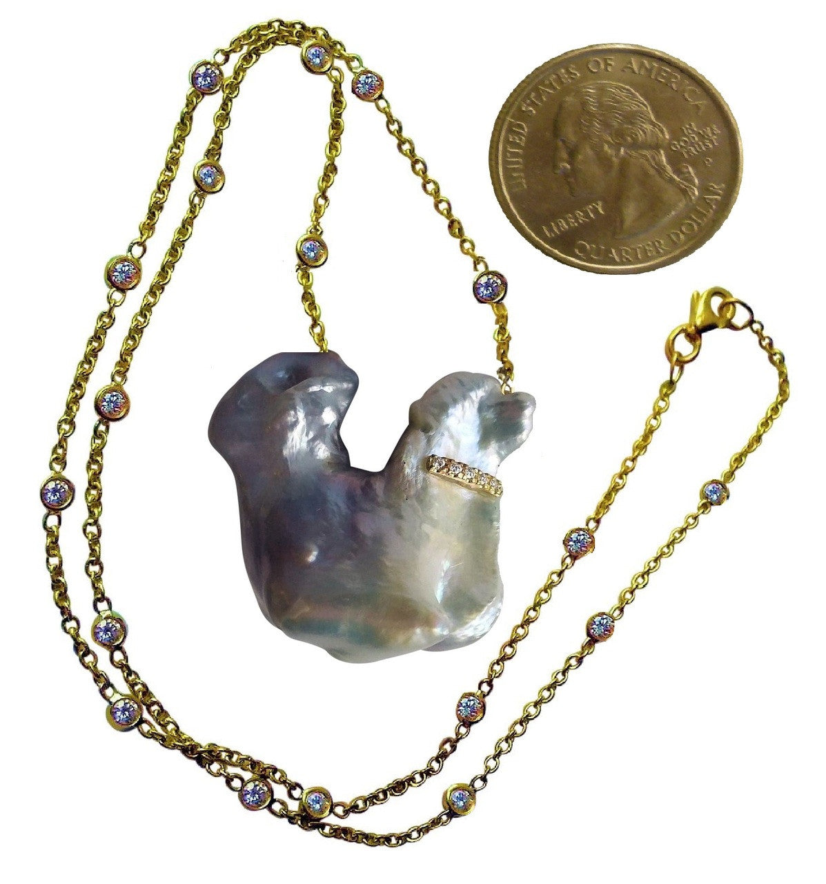 Jumbo Poodle Shaped Pearl Necklace-Once in a Lifetime-Diamonds & 18K Gold Collar and Chain.-27