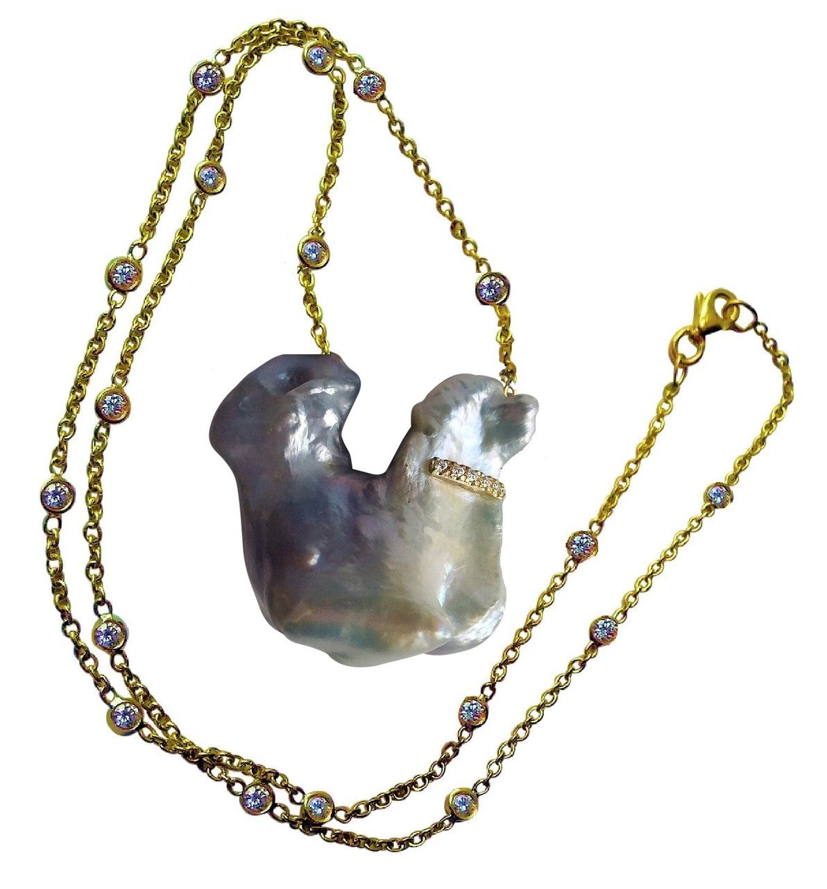 Jumbo Poodle Shaped Pearl Necklace-Once in a Lifetime-Diamonds & 18K Gold Collar and Chain.-20