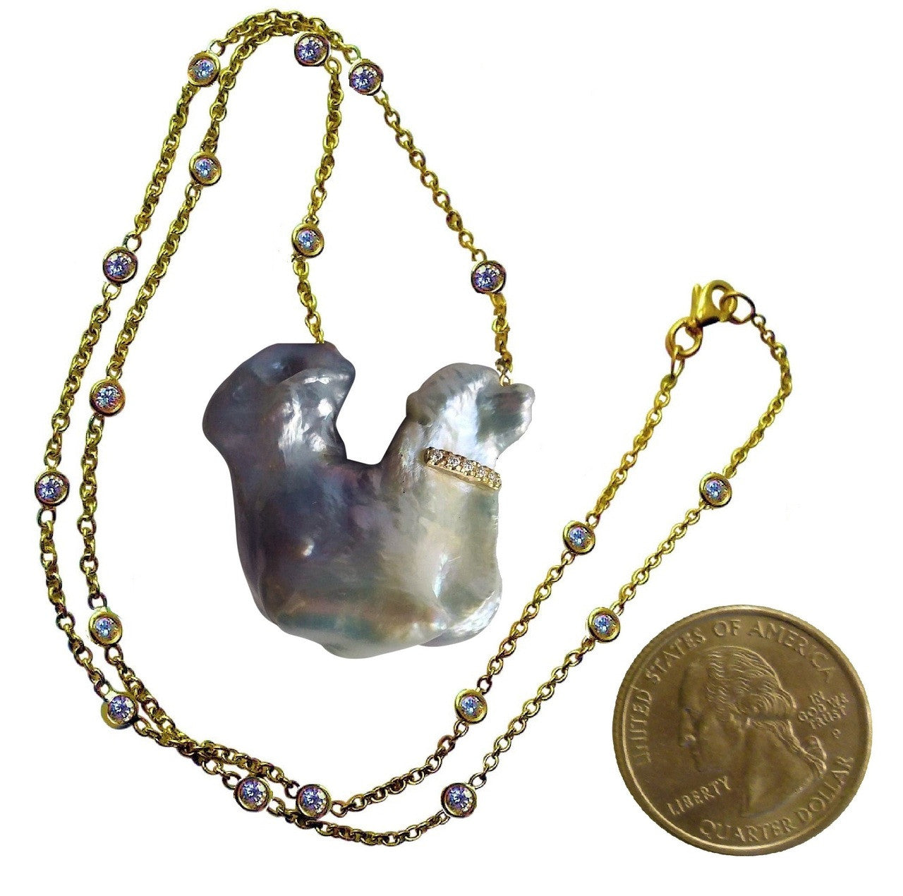 Jumbo Poodle Shaped Pearl Necklace-Once in a Lifetime-Diamonds & 18K Gold Collar and Chain.-24