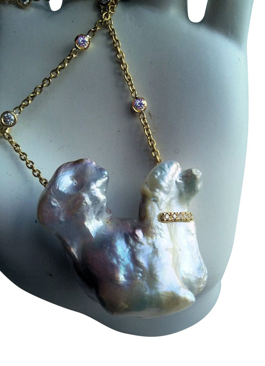 Jumbo Poodle Shaped Pearl Necklace-Once in a Lifetime-Diamonds & 18K Gold Collar and Chain.-30