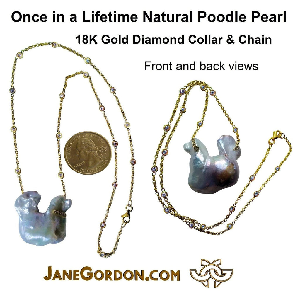 Jumbo Poodle Shaped Pearl Necklace-Once in a Lifetime-Diamonds & 18K Gold Collar and Chain.-0