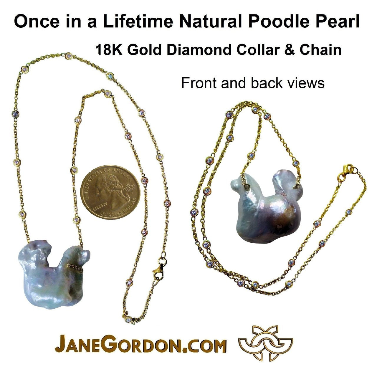 Jumbo Poodle Shaped Pearl Necklace-Once in a Lifetime-Diamonds & 18K Gold Collar and Chain.-0