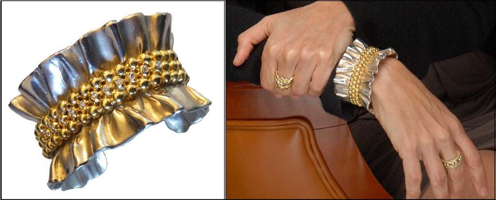 Ruffle Huggie Earrings- Diamonds in 18K Gold Dots set in Sterling Silver-17