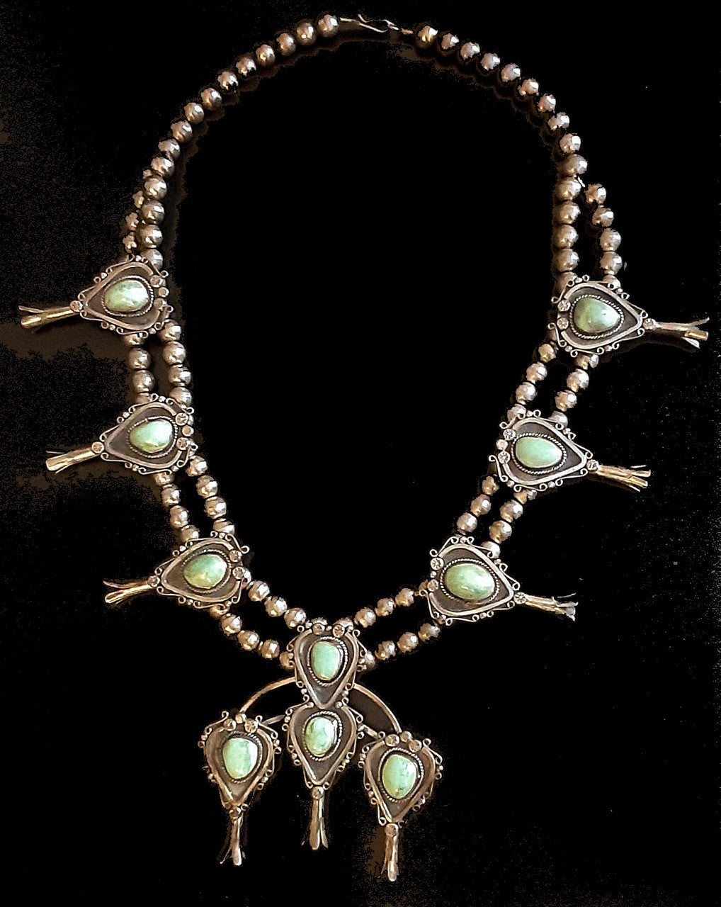 Vintage Squash Blossom Necklace- Sterling Silver & Turquoise-9