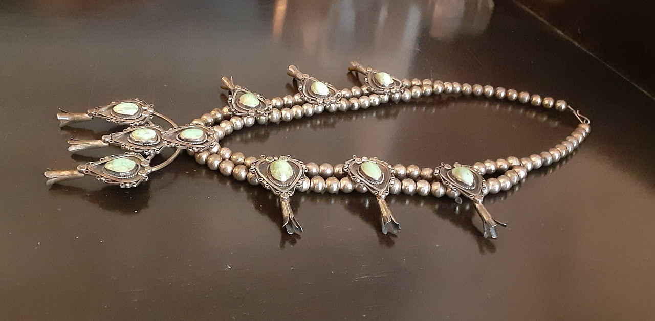 Vintage Squash Blossom Necklace- Sterling Silver & Turquoise-2
