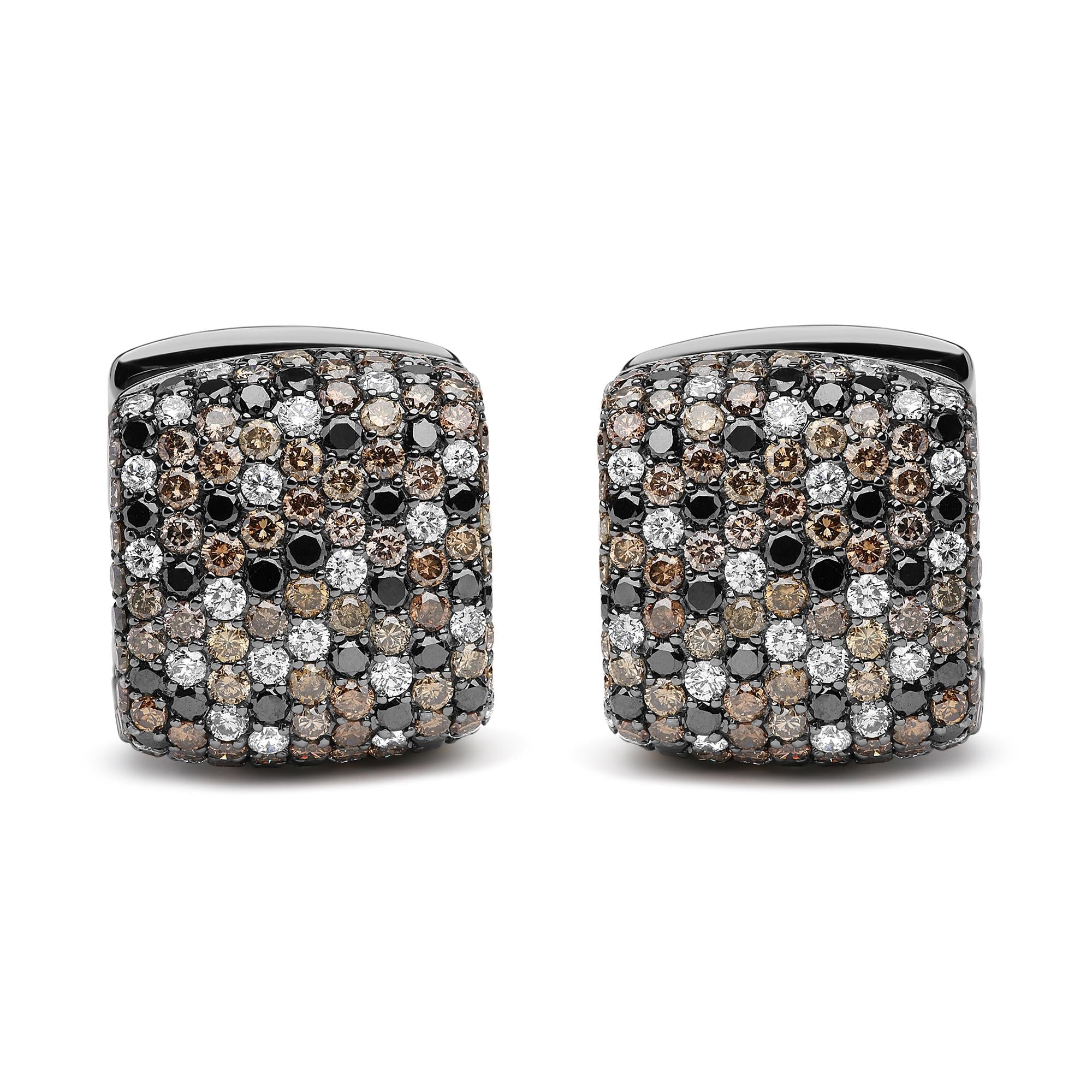 Black Rhodium Plated 18K White Gold 12 5/8 Cttw Multi Color Diamond Square Domed Huggie Hoop Earrings  (Brown, Black, G-H Color, SI1-SI2 Clarity)-0